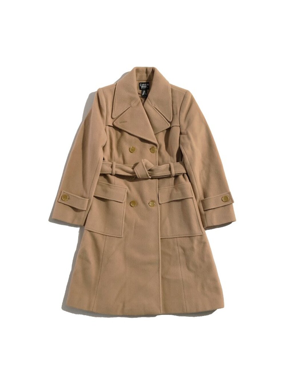Vtg Crossing Pointe Coat Womens 6 Wool Tan Double-Breasted Belted Lined Pockets
